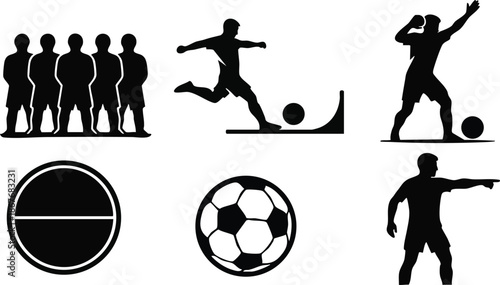 Silhouette soccer icons set showing lineup wall player kicking ball pointing referee free kick penalty shot close up soccer ball emblem flat vector art minimalist black