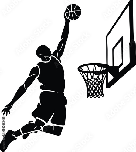 Silhouette vector high angle athletic basketball player performing a slam dunk toward rim and backboard airborne left hand ball control looking at rim wearing dark jersey