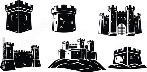 Woodcut style high contrast castle icons set six medieval fortress silhouettes including tower gate battlement close up hill view black and white vector illustration collection isolated