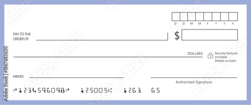 Blank bank check, checkbook cheque template or money payment paper voucher, vector mockup. Business or personal account cash pay cheque certificate or paycheck coupon from checkbook