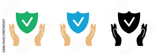 Privacy and security icon. Shield in hands. Data protection. Vector flat icon.