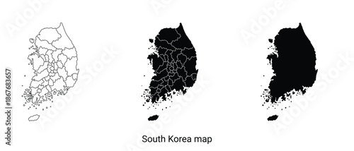 Black and white south korea map illustrations in various styles