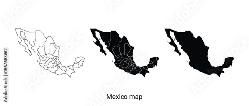 Three black and white mexico maps in different styles