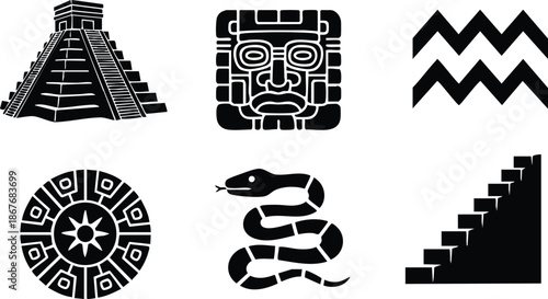 Aztec style black glyph set showing stepped pyramid front view ornamental mask coiled snake sun calendar stair silhouette isolated on white minimal vector icons