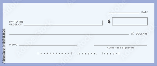 Blank bank check, checkbook cheque template or money payment paper voucher, vector mockup. Business or personal account cash pay cheque certificate or paycheck coupon from checkbook
