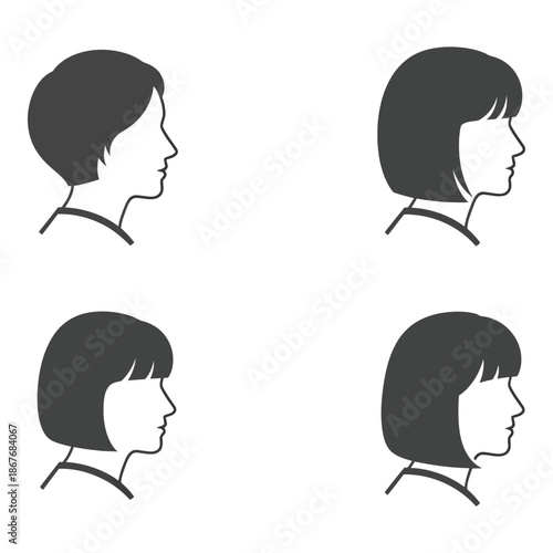Four black and white silhouettes of women s heads with various short hairstyles