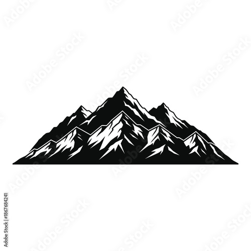 A striking black and white illustration of a rugged mountain range landscape