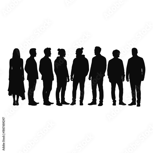 A group of ten silhouetted people standing in a linear arrangement