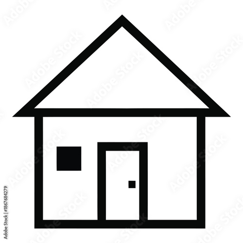 Simple black and white illustration of a house with a door and window