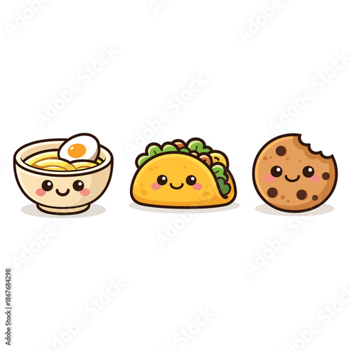 Kawaii Cute Food Set – Cartoon Noodles, Taco and Cookie Characters