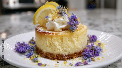 Creamy lemon lavender cheesecake with whipped cream on white plate