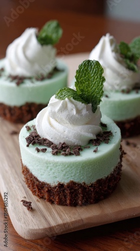 Mint chocolate mini cheesecakes with whipped cream and mint leaves on wooden board