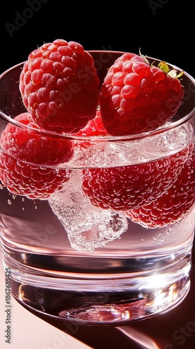 Refreshing sparkling water with fresh raspberries and ice cubes. Berry Fresh Month
