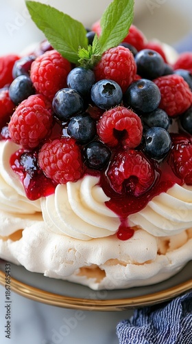 Delicious berry pavlova dessert with cream and fresh mint garnish