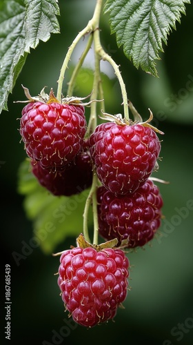 Fresh ripe red raspberries on vine with green leaves in garden. Berry Fresh Month