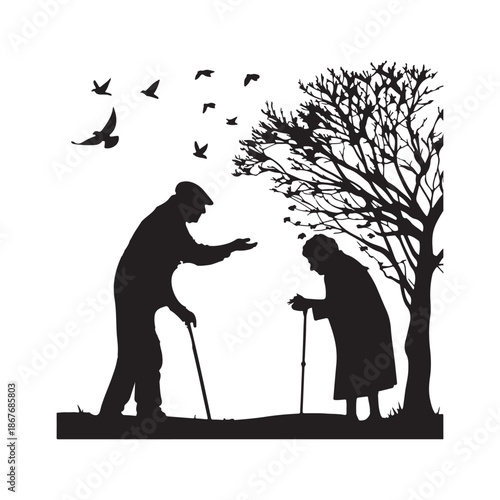 Elderly couple with walking sticks under a tree with birds flying old people senior citizens