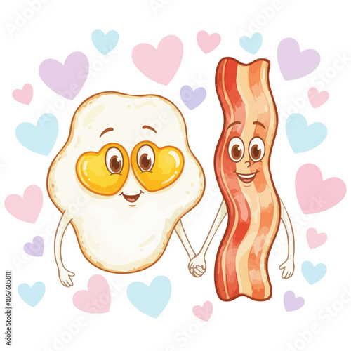 Cute breakfast couple: fried egg and bacon holding hands. Better together: cartoon egg and bacon characters in love. Valentine's Day concept: happy food pair with floating hearts. Funny food mascots