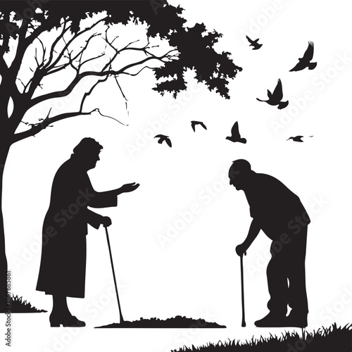 Silhouette of elderly couple near a grave with birds flying on white background old people