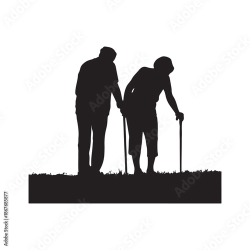 Silhouette of elderly couple holding hands walking on grass on white background old people