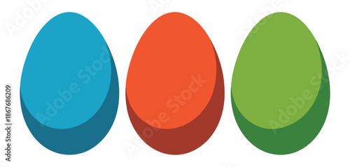 Three colorful eggs in blue, orange, and green on a white background