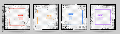 Vector illustration. Set of creative quote frames with brush strokes, halftone dots, and paint splatters. Grunge aesthetic square templates with empty space for photo or text. Trendy black ink design