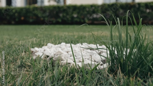 white stones in the garden on the grass