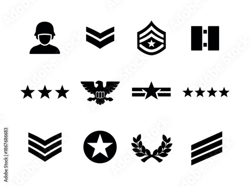 Collection of military rank insignia icons including soldier silhouette, chevrons, stars, eagle emblem, laurel wreath, and service stripes