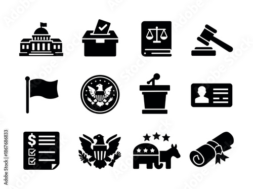 Set of political and government icons featuring capitol building, ballot box, justice scales, gavel, podium, flag, ID card, and party symbols