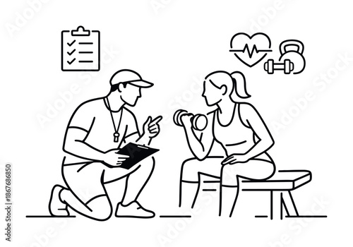 Line art illustration of personal trainer coaching a woman lifting dumbbells on a bench, fitness assessment checklist and heart health symbols