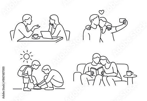 Minimal line art set depicting romantic couple moments: coffee date, taking a selfie, tying shoelaces outdoors, and cuddling on a sofa reading together
