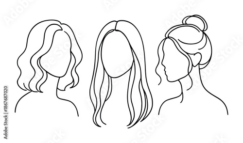 Minimalist continuous line drawing of three female head silhouettes showing different hairstyles, including wavy bob, long straight hair, and bun profile