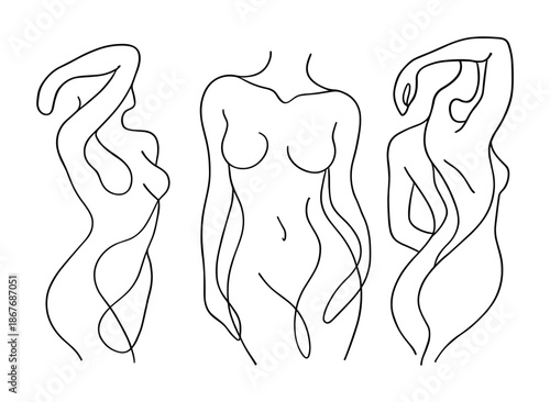 Minimalist continuous line drawing of three nude female figures posing, abstract body contour illustration in modern black and white outline style