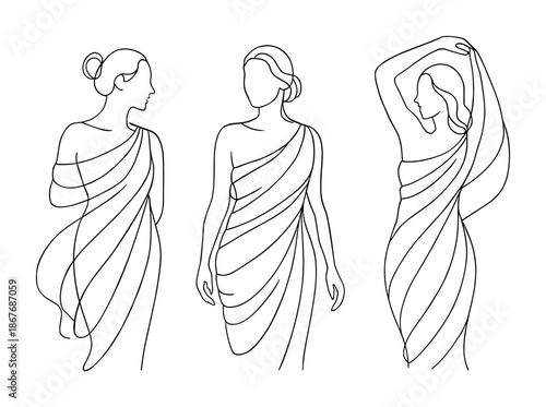 Minimalist continuous line drawing of three elegant female figures in draped fabric, posing in flowing garments as modern fashion illustration art