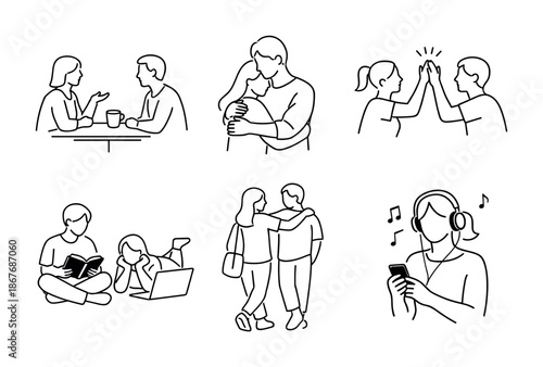 Minimal line art set of couples and friends bonding through conversation, hugging, reading, studying, walking together, and listening to music