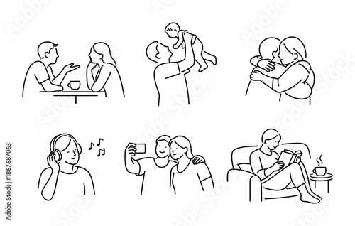 Minimal line art icons showing everyday human moments: conversation, parenting, hugging, listening to music, taking a selfie, and relaxing with coffee