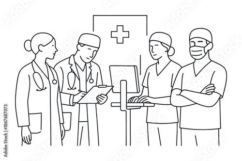 Line art illustration of medical team with doctors and nurses collaborating around computer and clipboard in a hospital healthcare setting