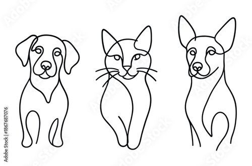 Minimal continuous line drawing of three pets featuring a sitting dog, a cat, and an upright dog in black outline on a white background