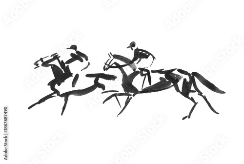 Konstfotografi Abstract silhouette drawing of race horse and jockey, hand drawn watercolour ske