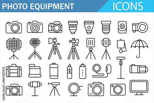Camera, Lens and Studio Equipment Icons for Photography