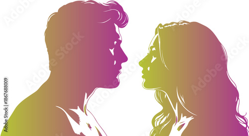 Silhouette profiles of a man and a woman facing each other closely suggesting an imminent romantic moment or deep connection against a dark background