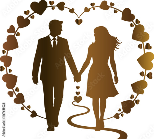 Silhouette of a romantic couple walking hand in hand surrounded by a heart shape composed of small golden decorative elements symbolizing eternal love and partnership