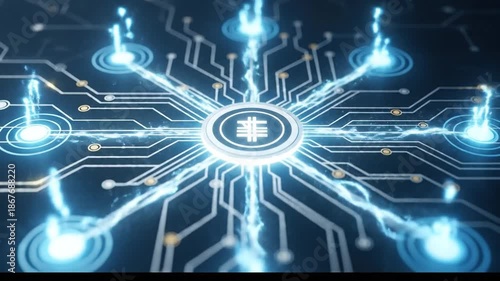 Digital circuit board with glowing central symbol and data flow