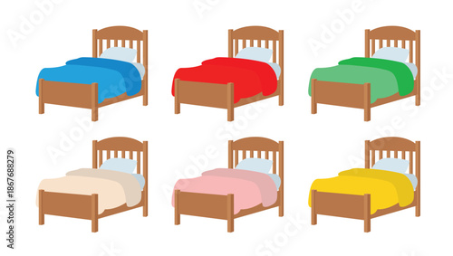 wooden bed wood sleep sleeping emoji symbol sign icon vector illustration isolated flat bedroom furniture blue red pink beige yellow green sheets