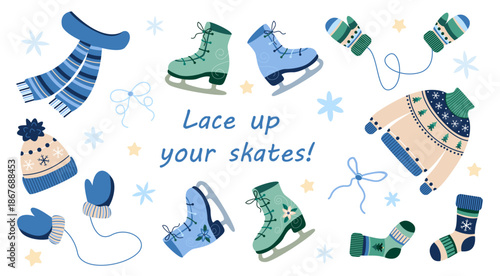 Winter fashion elements collection, wool sweater, scarf, gloves, hat, mittens, festive socks, and skates. Vector illustration in blue tones