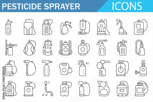 Pesticide Sprayer Icons Set, Agricultural Spray Equipment and Garden Pest Control Tools Line Illustration