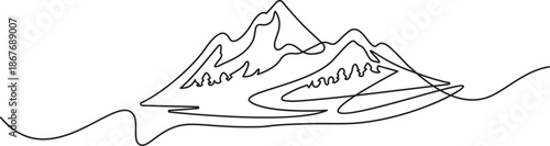 Modern single line illustration clean outline style of a detailed mountain landscape with winding paths for active lifestyle and outdoor sports