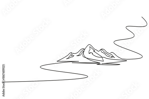 Continuous line art minimalist design concept of a distant mountain peak with a long winding road leading towards the horizon
