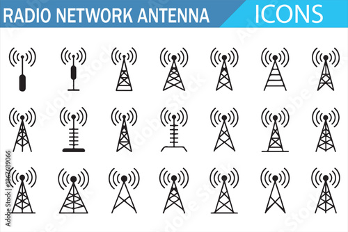 Radio Tower and Wireless Signal Icons Set, Telecom Illustration