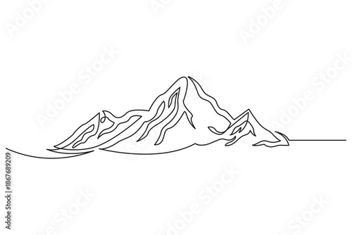 Minimal continuous one line drawing illustration of a complex mountain chain with detailed rocky formations and steep slopes