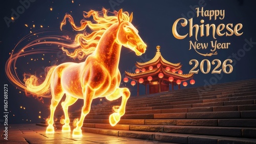 Glowing Fire Horse Crossing an Ancient Stone Bridge with Pagoda Backdrop for Chinese New Year 2026 
